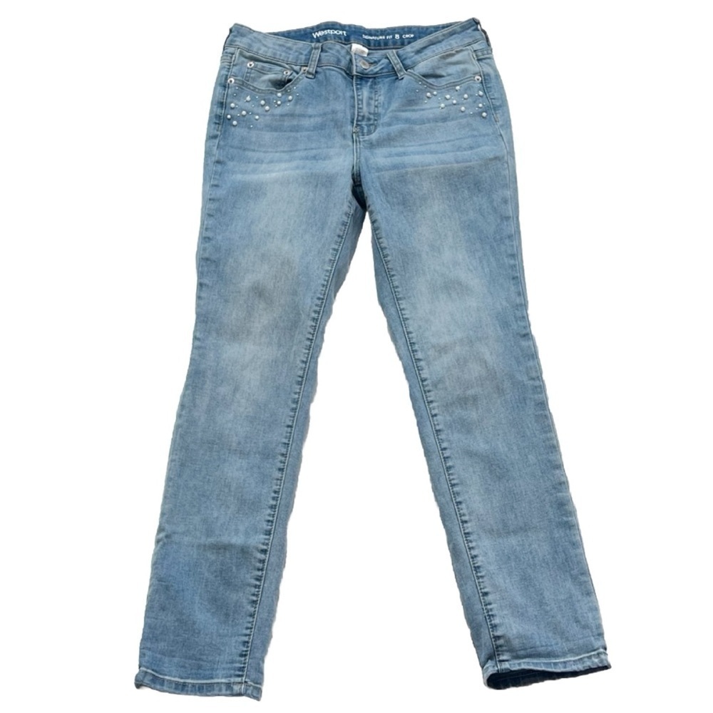 Westport Signature Fit Crop Jeans Pearl Bead Accents Light Wash Stretchy Size 8